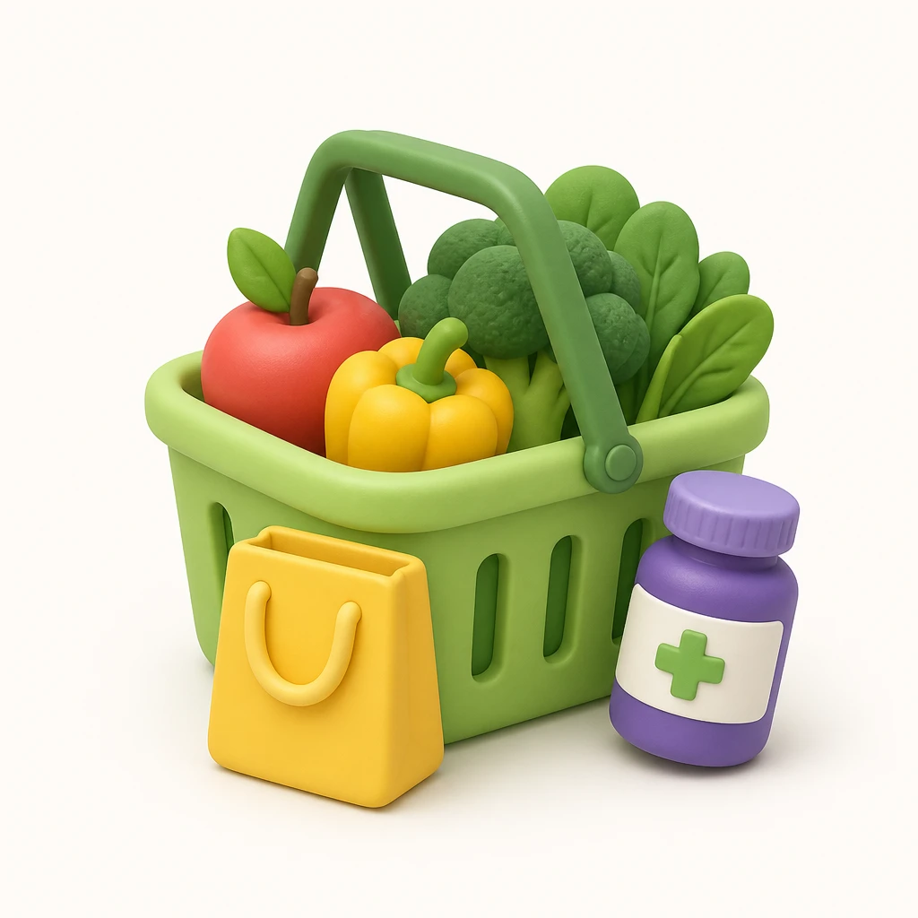 Groceries, pharmacy, and shopping bag